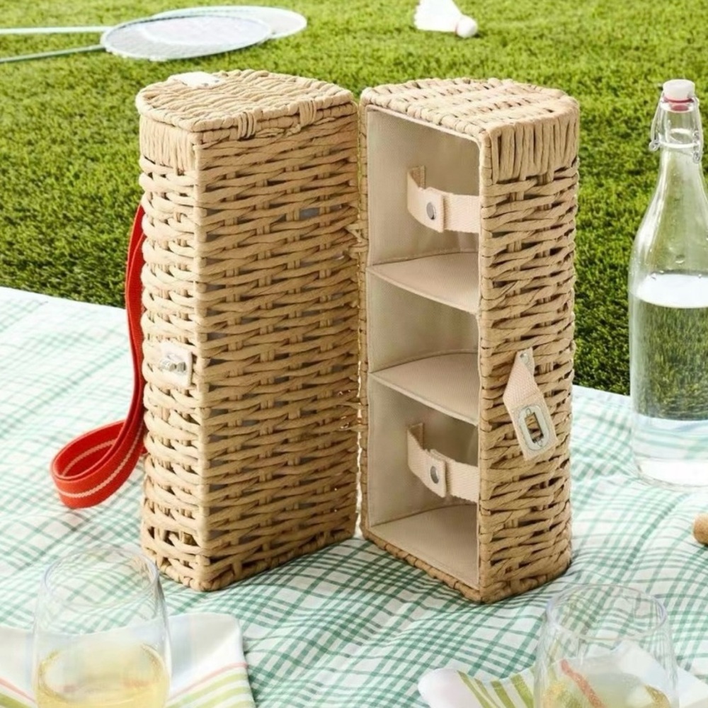Hearth and Hand Woven Wicker Wine Basket Bottle Carrier Bag Red Strap & Glasses - Picture 3 of 6